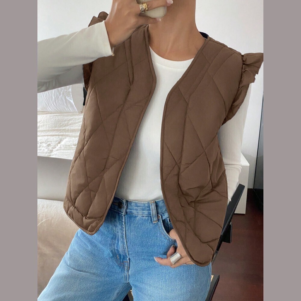 Brown Quilted Puffer Vest with Ruffle Trim Shoulders